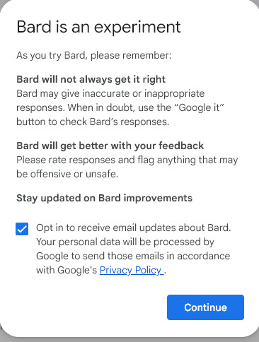 هشدار گوگل بارد در ابتدای ورود 